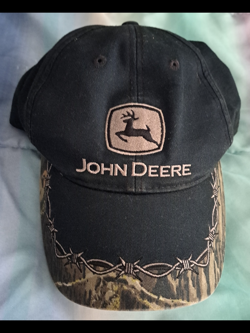 John Deere Black Logo Baseball Cap with Camo Brim